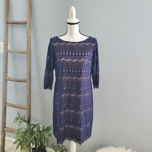 Established 1962 Women's Navy Blue Lace Overlay Shift Dress 12P - Picture 1 of 9